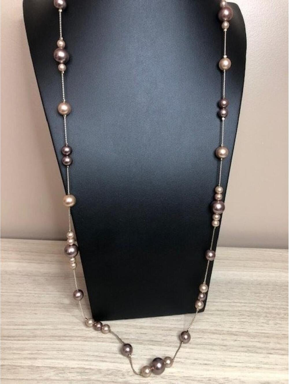 B1856 RMN Long Multi Strand Faux Pearl Necklace 36" Brown Bronze Champagne